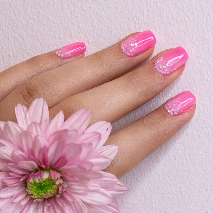 Pink manicure beside a pink chrysanthemum