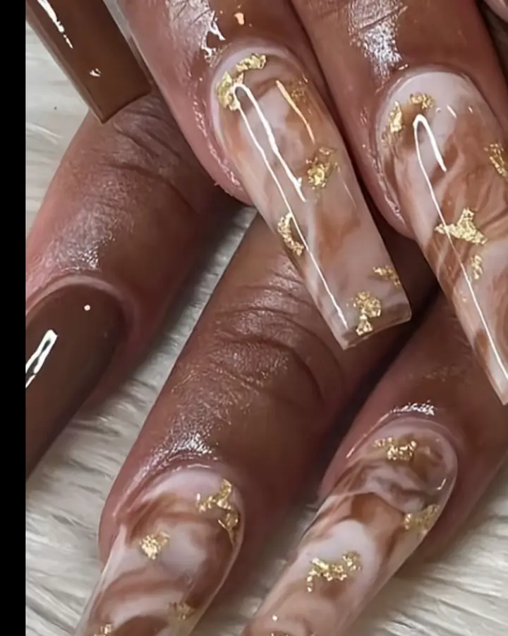 Long marble acrylics with gold leaf